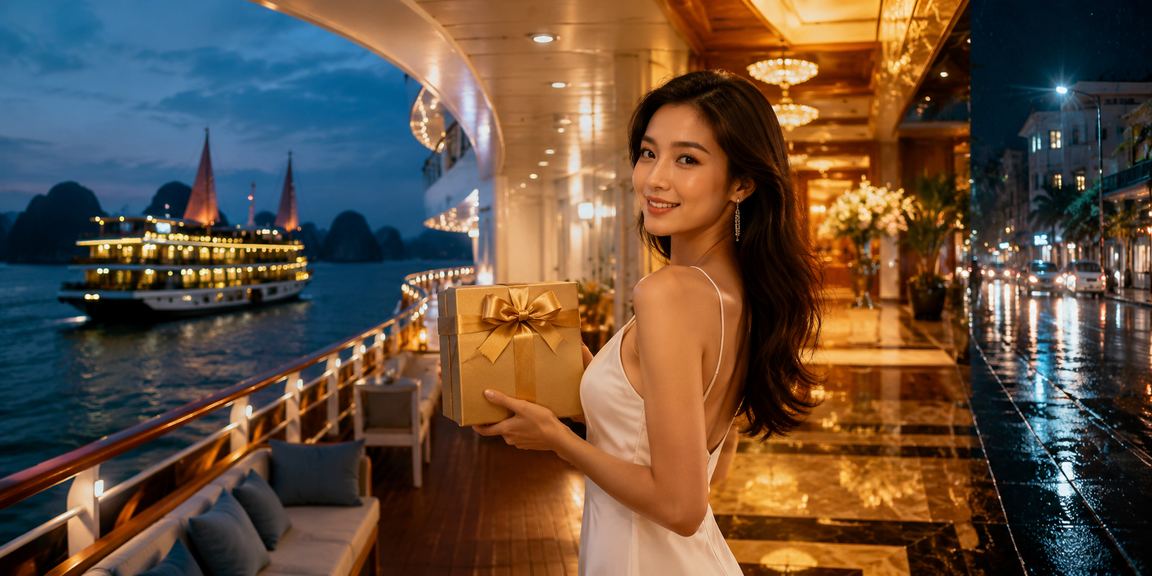 Cảnh vịnh Hạ Long với người hâm mộ theo dõi cá cược bóng đá trực tuyến trên điện thoại