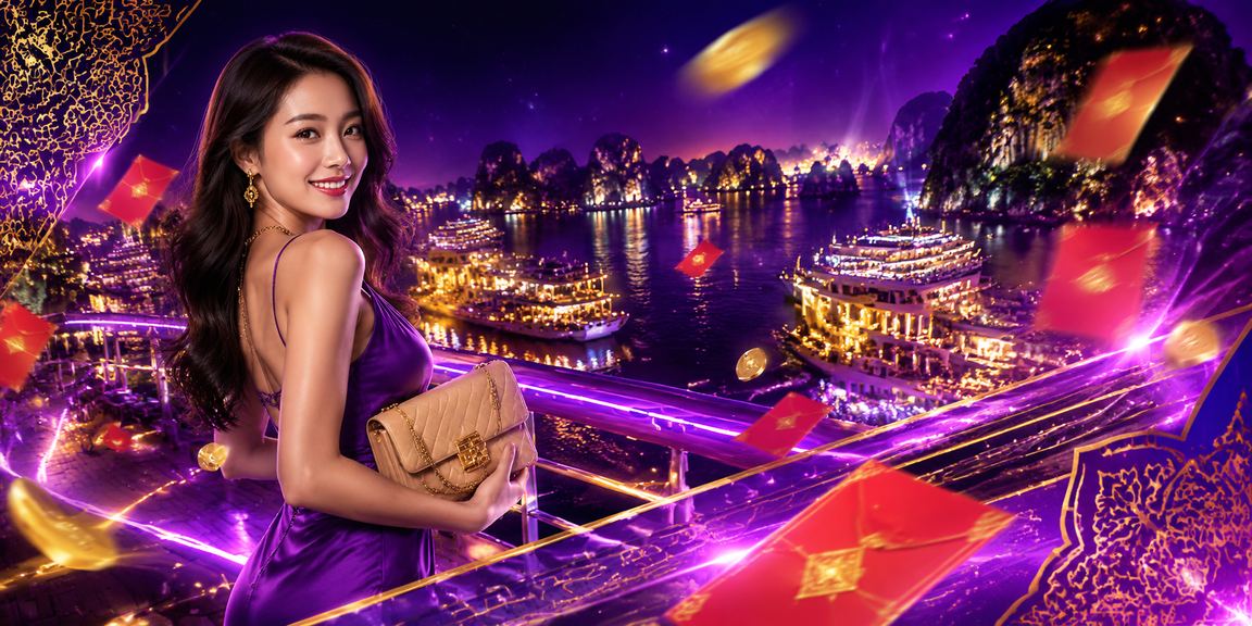 Vịnh Hạ Long lung linh về đêm với bao lì xì đỏ và ánh đèn neon rực rỡ biểu trưng cho ưu đãi đăng ký mới